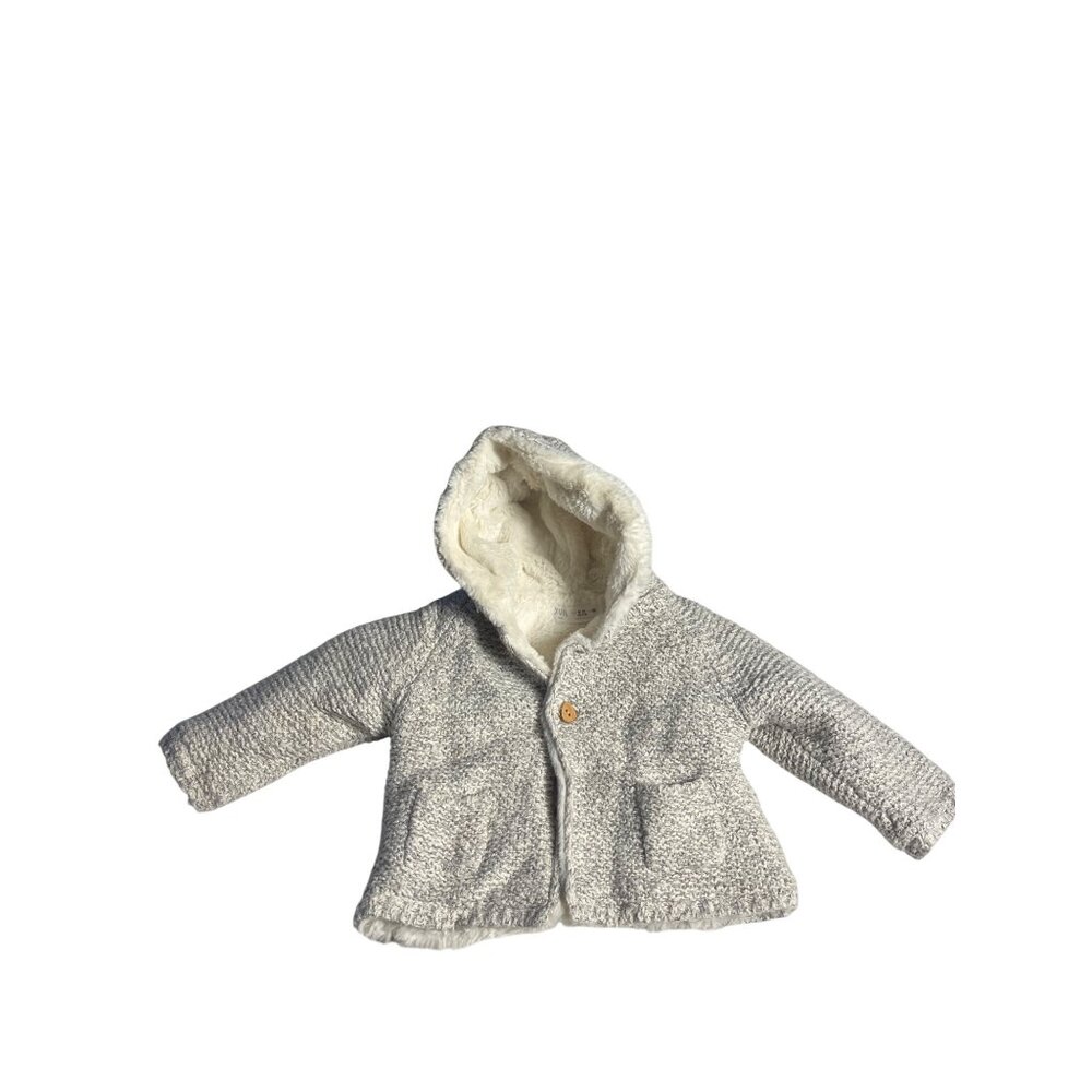Zara Baby Hooded Knit Jacket Gray & White Lined Size 9-12 Months